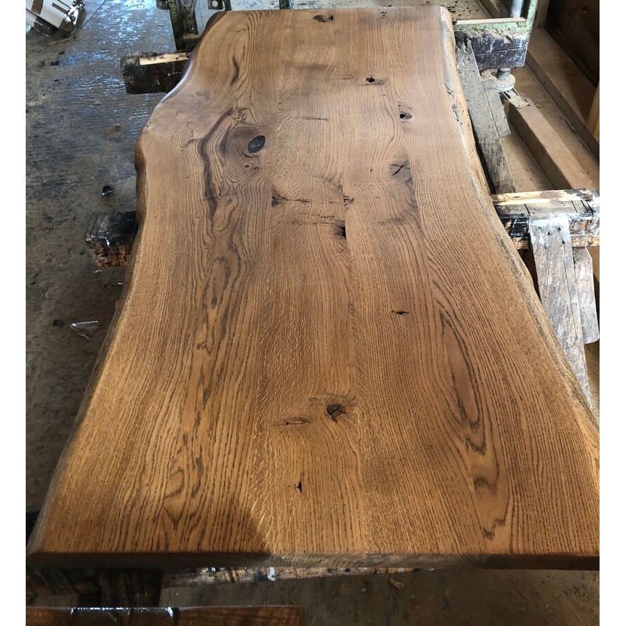 Altholz-Stil Tischplatte, Eiche, Antik geölt, rustikal, verleimt,  beidseitige Baumkante, 200x100x4,5 cm
