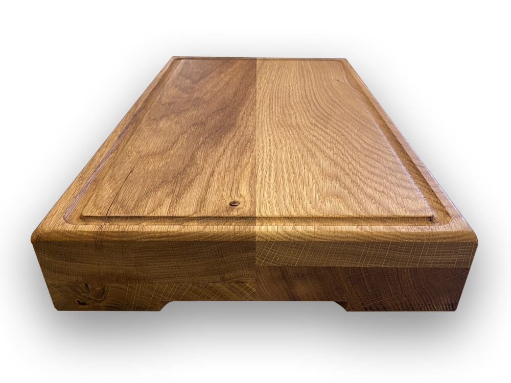 Eiche-Holz-Schneidbrett-Hackbrett-Saftrille-Griff-Schneidebrett-Gummifüße-Massivholz-Kueche-Kochen-1